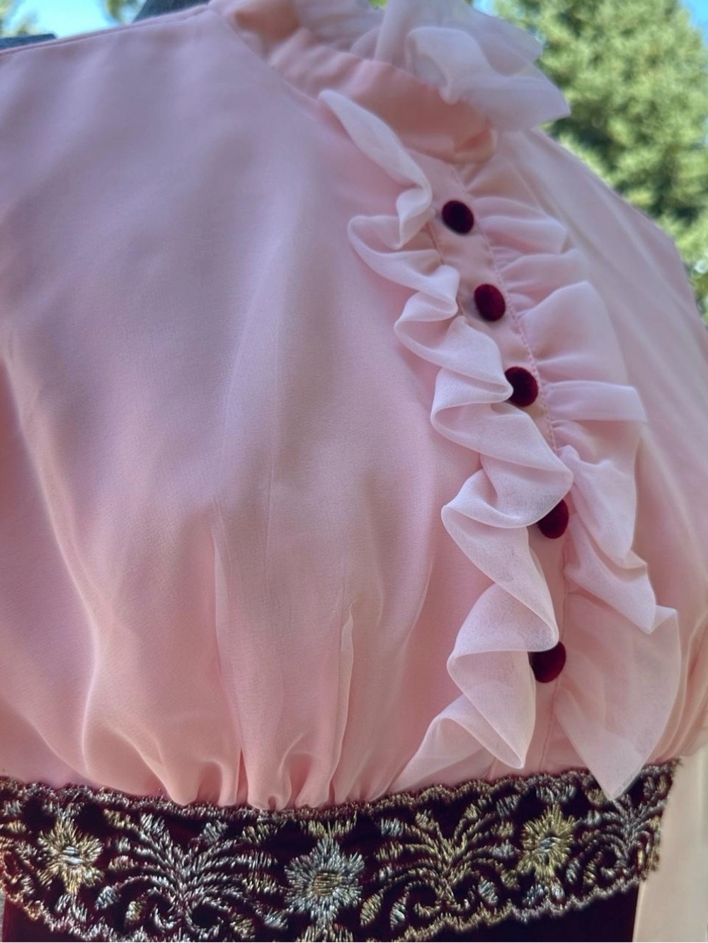 Vintage 1960 Burgundy Velvet Maxi Dress with Pink Bodice - Picture 4 of 5